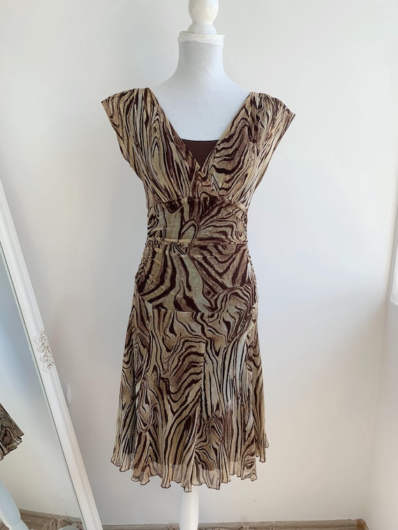 Vintage 90s Y2K Karen Kane Animal Print Dress Size S, Sleeveless V-Neck Ruched Mini Dress, Beige Brown Stretchy Tulle Dress, Sheer Dress