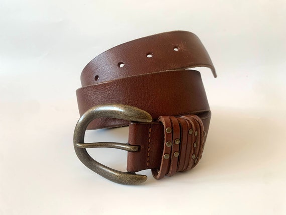 Vintage Brown Leather Belt for Women 80 cm / 31.5" , Full Grain Distressed Leather Belt, Studded Ladies Jeans Belt, Simple Boho Waist Belt