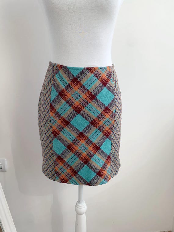 Vintage KOOKAI Plaid Mini Skirt Size S, Y2K Teal Orange Tartan A-Line Skirt, 90s Grunge Academia Preppy Checked High-Waist Wool Skirt