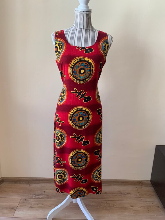 Vintage 90s Tribal Midi Dress, Red Tie Back Straight A Line Dress, Bohemian Sleeveless Beach Summer Dress, Abstract Hippie Indie Dress