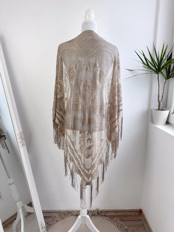 Gold Champagne Beige Lace Shawl With Tassels, Art Deco Floral Evening Triangle Scarf, Sheer Flapper Wrap, Mesh Cocktail Cover Up Party Stole