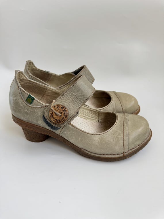 Vintage Beige Leather Mary Janes El Naturalista Cottagecore Comfort Pumps Boho Goblincore Wide Toe Ankle Strap Low Heeled Shoes Size EU 37