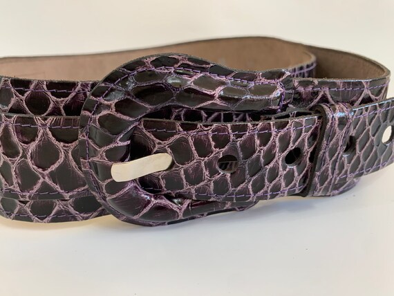 Purple Pink Reptile Embossed Real Leather Belt With Huge Statement Buckle, Vintage 90s Textured Mock Croc Waist Cincher,  Wide Hip Belt