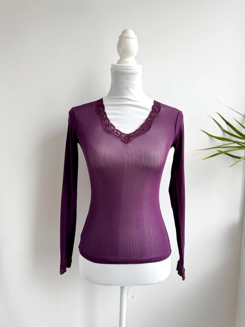 May include: A long-sleeved, sheer plum-colored top with a V-neckline. The neckline is trimmed with delicate lace. The top is displayed on a white mannequin against a white background.
