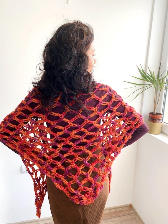 Jumbo Net Crochet Shawl, Open Weave Chunky Scarf, Fluffy Mohair Knit Shoulder Wrap, Boho Festival Open Work Lace Shrug Orange Pink Purple