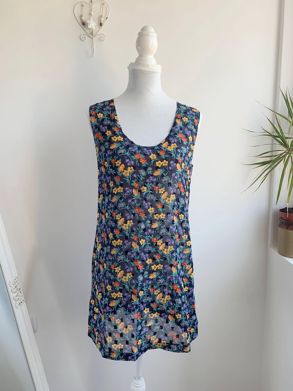 Vintage 90s Dark Floral Sheer Tunic Size S, Y2K Boho Hippie Sleeveless Blouse, Festival Layering Top, Cotton See Through Overlay Mini Dress
