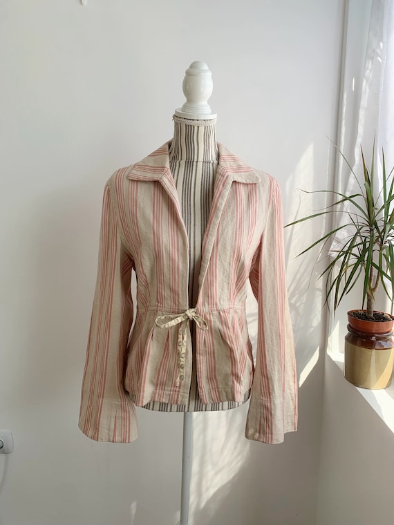 Fitted Striped Cotton Blazer Size L, Noa Noa Beige Brocade Jacket with Red Stripes, Tie Front Collared Cardigan, Flare Bell Sleeve Coat