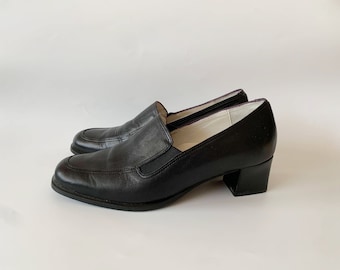 Chaussures à talons bas vintage pour femme taille 37, chaussures de bureau des années 90, slipons classiques, chaussures avec élastique sur le côté, mocassins, chaussures décontractées en cuir noir