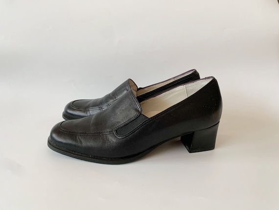 Vintage Low Heel Shoes for Women Size 37, 90s Office Shoes, Classic Slipons, Side Elastic Shoes, Loafer Shoes, Black Leather Casual Shoes