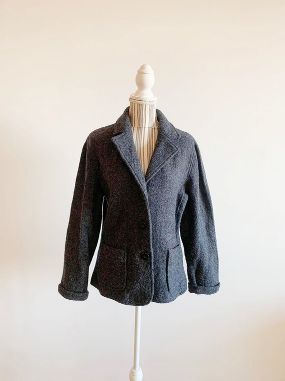 Vintage Grey Wool Blazer for Women Size M L, Unlined Wool Blazer with Pockets, Short Wool Blazer Coat, Wool Cropped Jacket, Wool Crop Coat