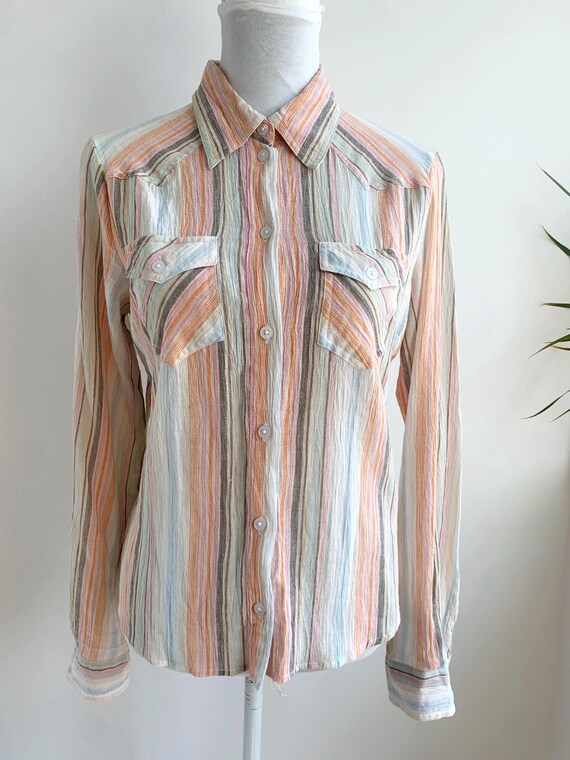 Vintage Y2K Gauze Shirt for Women Size M, Pink Orange Mint Beige Striped Button Up Shirt, Collared Long Sleeve Blouse, Cotton Crepe Top