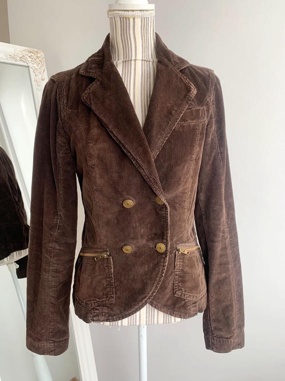 Vintage 90s Brown 100% Cotton Corduroy Blazer for Women Size S, Fall Spring Double Breasted Velvet Jacket, Slim Fit Velveteen Cropped Coat