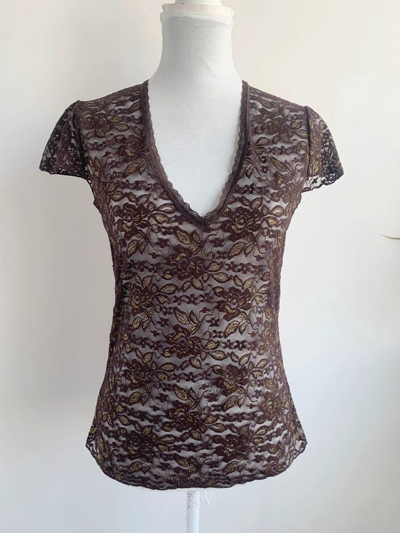 Vintage TARA Brown & Gold Shimmer Y2K Lace Top Size S, V-Neck Short Sleeve Floral Sheer Blouse, Romantic Party Grunge See Through T-shirt
