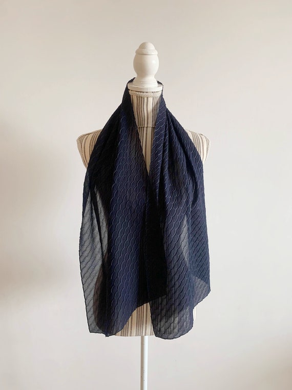 Vintage Navy Blue Scarf, Long Neck Scarf, Scalloped Weave Print Necker, Sheer Chiffon Scarf, Headband Scarf, Choker Scarf, Neck Accessory