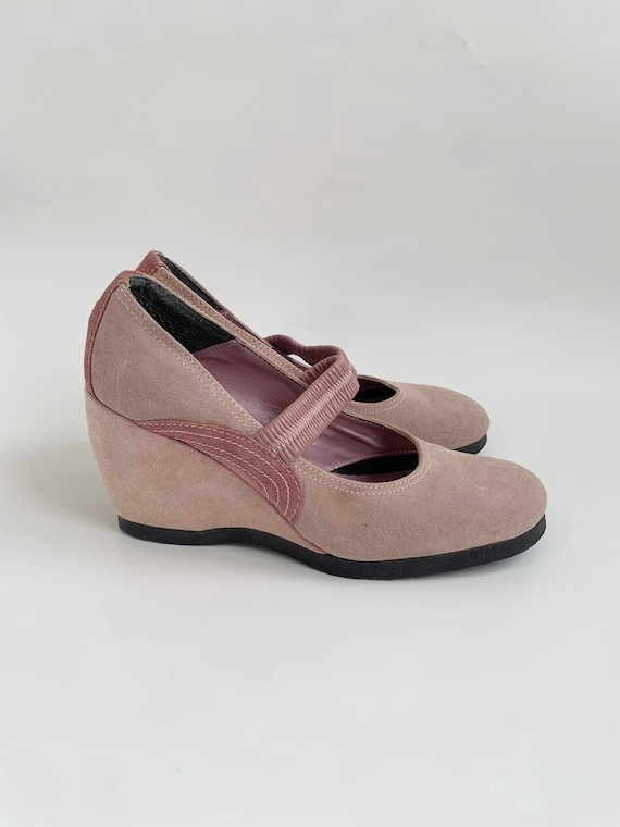 Vintage Dusty Rose Suede Wedge Heels for Women Size EU 39/ US 8/ UK 5, Pale Pink Suede Mary Jane Shoes, Elastic Band Comfortable Low Wedges