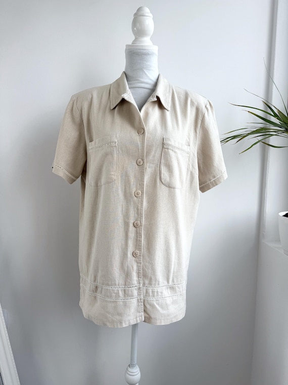 Vintage Linen Cotton Shirt XL Beige Button Front Blouse Minimalist Neutral Short Sleeve Summer Top Women Cottagecore Style