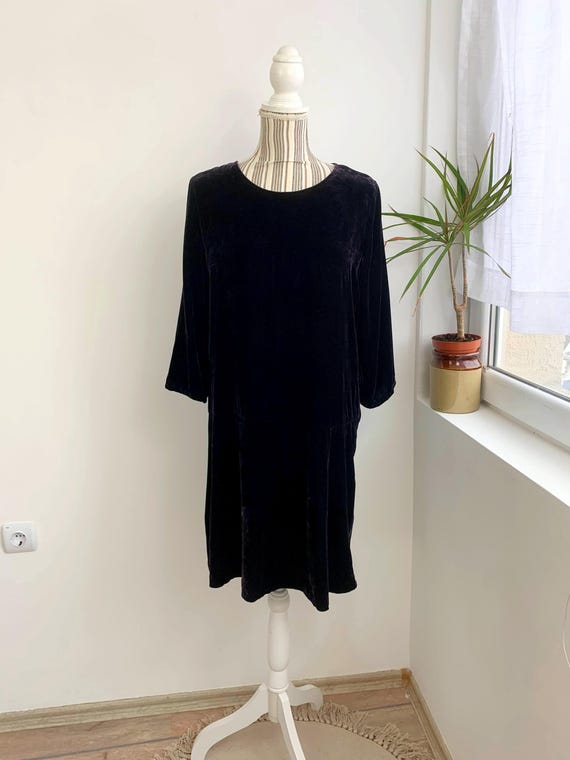 Vintage Samsøe Samsøe Velvet Dress Size M L, Y2K Purple Silk Blend Tunic Dress, Elegant Retro Party Dress, Dark Eggplant Loose Velvet Dress