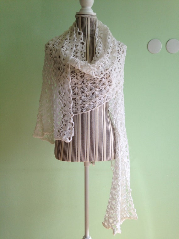 White Lace Scarf for Women, Loose Crochet Scarf, Acrylic Wool Bohemian Scarf, Long Winter Scarf, Soft Boho Scarf, Cottagecore Stole Wrap