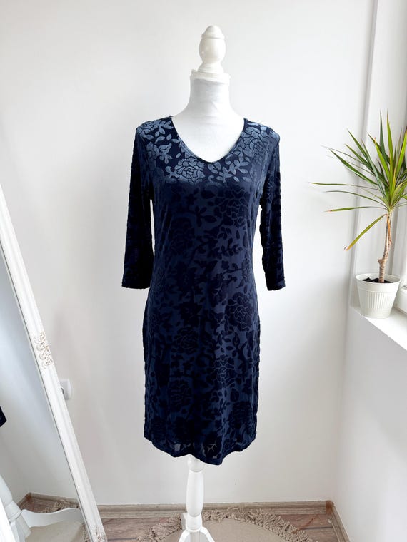 Vintage Y2K Navy Velvet Burnout Dress Size S, Jacquard Sheer Floral Bodycon Dress, Elegant Cocktail Party Dress, Slim Fit Prom Evening Gown