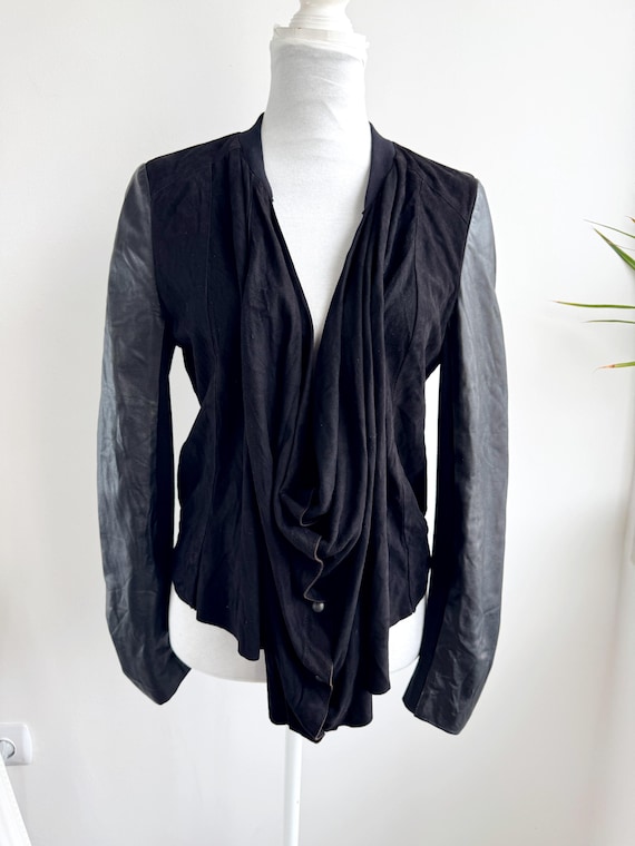 Y2K DAY Birger et Mikkelsen Real Leather & Suede Drape Jacket Size L, Black Asymmetric Bomber Jacket, Vintage Designer Soft Lambskin Blazer