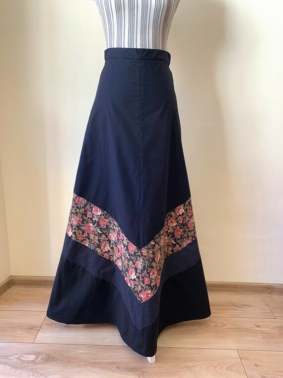Vintage A Line Boho Maxi Skirt Size M, 90s Black Floral Polkadot Skirt, Floor Length Pure Cotton Skirt, Country Long High Waisted Skirt