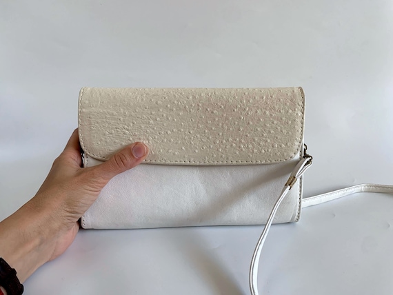 Vegan Crossbody Bag for Women, Vintage 80s White Envelope Purse, Slim Clutch Purse, Faux Leather Small Crossbody, Vinyl Shoulder Bag