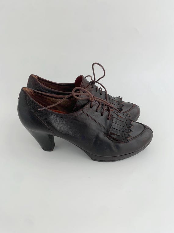 90s Hogl Brown Leather Oxford Shoes Size UK4 1/2 US 7 EUR 37 1/2, Kitten Heel Ankle Boots, Vintage Lace Up Pumps, Elegant Tie Up Heeed Shoes