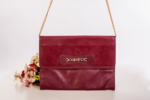 Slim Purse With Gold Chain Strap, 80s Clutch Wallet, Retro Shoulder Bag, Party Clutch, Medium Size Envelope Purse, Oxblood Clutch