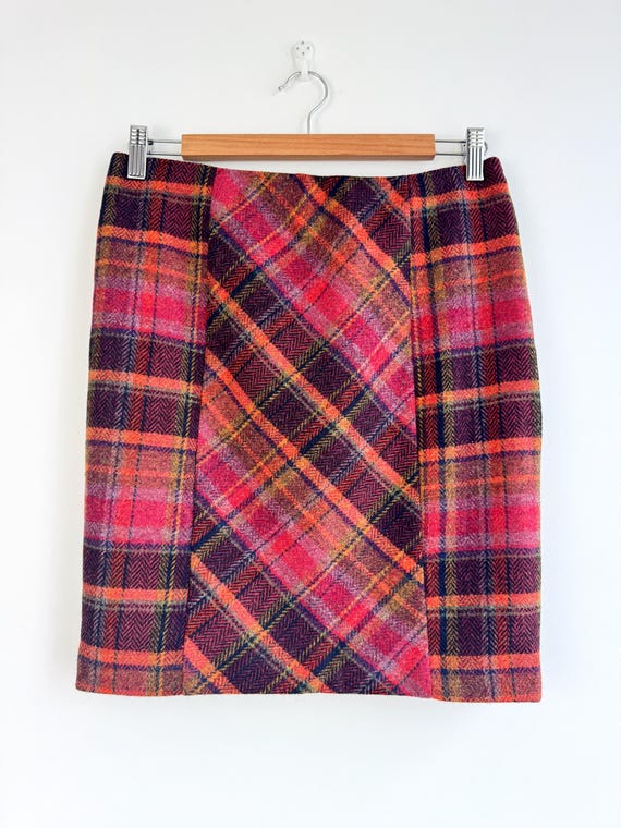Vintage 100% New Wool Plaid Mini Skirt | Fuchsia & Orange Herringbone Check Skirt | 90s Bias Cut Woolen Short Tartan Pencil Skirt Size M
