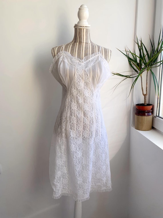 Vintage 1960s White Lace Full Slip Dress, Sheer Floral Bridal Lingerie, Ruffle Hem Mesh Nightgown, Mid-Century Undergarment Size Large
