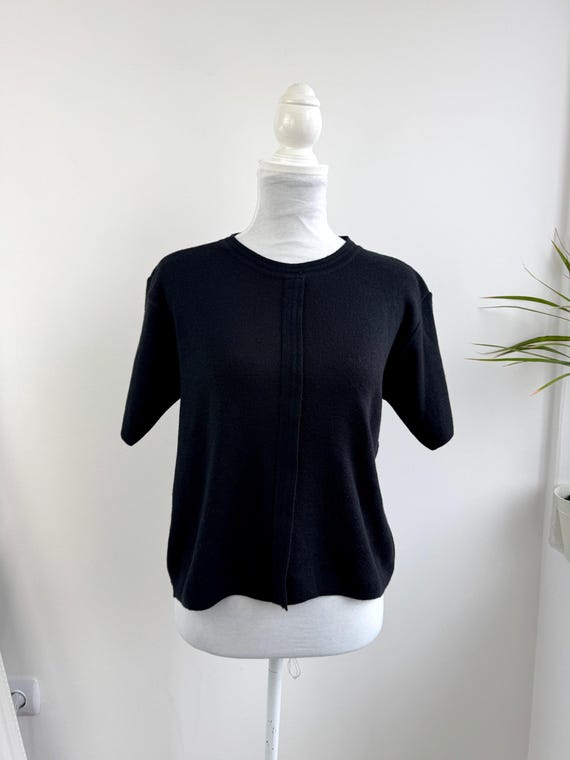 Vintage Italian 80% Merino Wool Knit Top, Short Sleeve Black Minimalist Sweater, 90s Fine Ribbed Pullover, Basic Knitted Jumper Size L