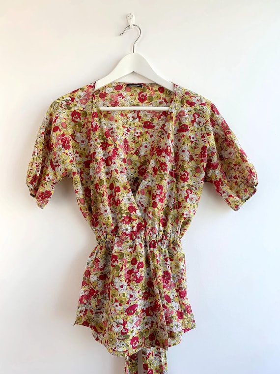 Vintage Cotton & Silk Blend Top, Wrap Style Blouse EU 40/ M L, Y2K Boho Cottagecore Summer Belted Shirt, Marc O'Polo, Red Green Ditsy Floral