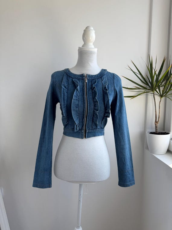 Y2K Crop Denim Jacket Ruffle Corset Lace Up Back Blue Jean Bolero Shrug Fairycore Italian Vintage Cropped Jean Jacket Made in Italy XS S