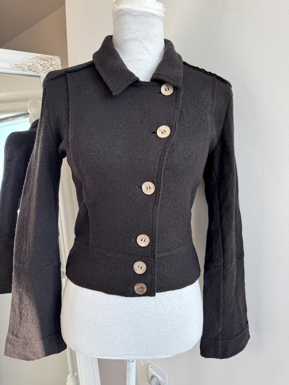 Vintage 90s Cropped Sweater Blazer, Boiled Wool Jacket, Collared Short Tailored Coat Women XS Slim Fit 100% Wool Tweed Boucle Italian Made