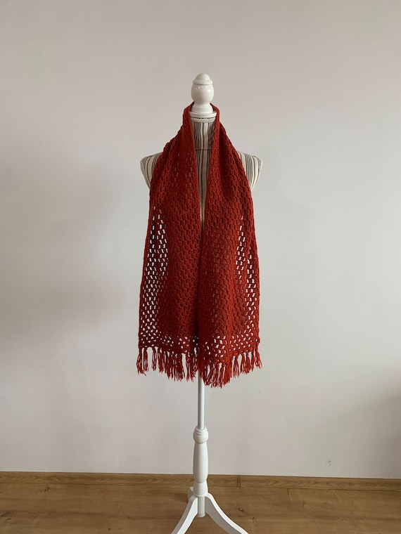 Burnt Orange Crochet Scarf with Tassels, Unisex Long Fringed Scarf, Bulky Acrylic Wool Winter Scarf, Cozy Oversized Scarf, Knit Neck Warmer