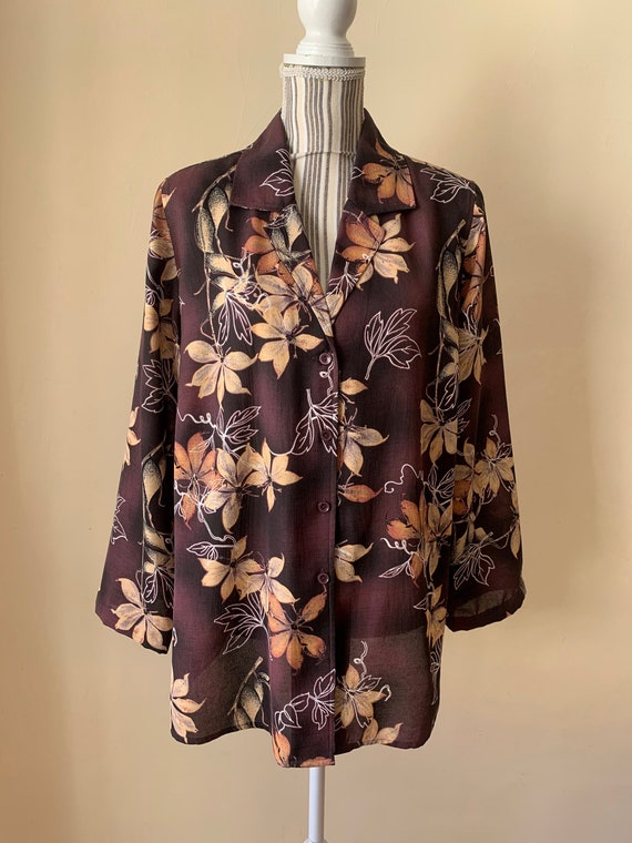 Vintage 90s Brown Beige Floral Button Up Shirt for Women Size L XL, Semi Sheer Summer Overshirt, Plus Size Flowy Blouse, Light Blazer Shirt