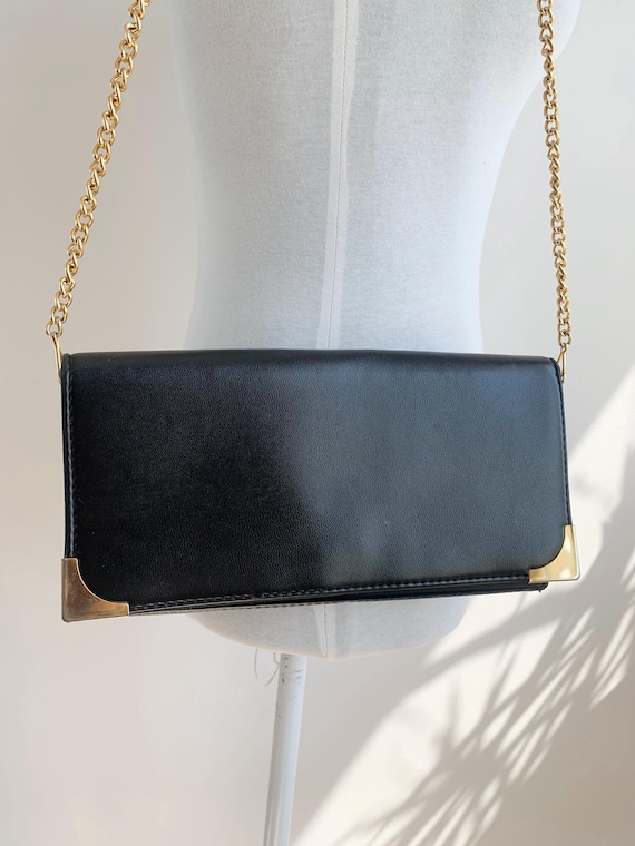 Slim Envelope Purse With Gold Chain Strap, Vintage 80s Evening Party Clutch Wallet,  Retro Black Shoulder Bag, Small Vegan Leather Handbag