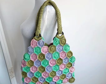 Borsa tote vintage anni '90 all'uncinetto per donna, borsa tote estiva boho chic, borsa a tracolla colorata, borsa di carta esagonale a blocchi di colore, borsa a mano quadrata della nonna