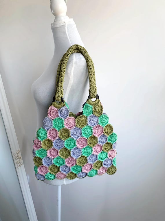 Vintage 90s Crochet Tote Bag for Women, Boho Chic Summer Tote, Colorful Shoulder Purse, Color Block Hexagon Paper Bag, Granny Square Handbag
