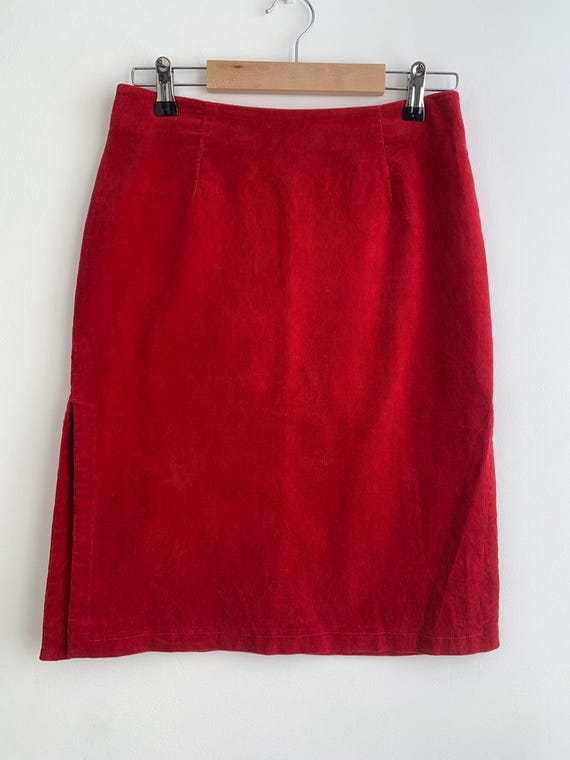 Vintage Red Corduroy Skirt for Women Size S, Thin Cord Cotton Velvet Skirt, Fitted Pencil Short Corduroy Skirt, Knee Length Velveteen Skirt