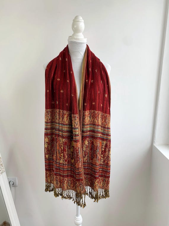 Vintage Reversible Pleated Pashmina Shawl, Rich Burgundy Red & Gold Mustard Yellow Ethnic Print Wrap, Extra Long Double Sided Fringed Scarf