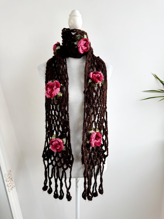 Vintage Crochet Rose Scarf, Chunky Brown Mesh Knit with 3D Pink Floral Applique and Green Leaves, Romantic Boho Cottagecore Winter Accessory