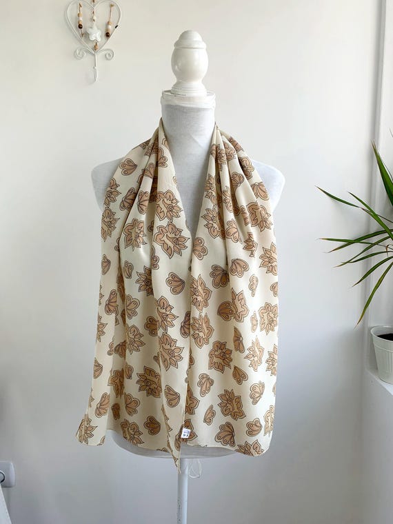 Vintage 90s Silk Scarf, Retro Paisley Floral Scarf, Long Skinny Scarf, Cream Beige Camel Brown Shawl, Pure Silk Wrap, Accessory Gift for Her