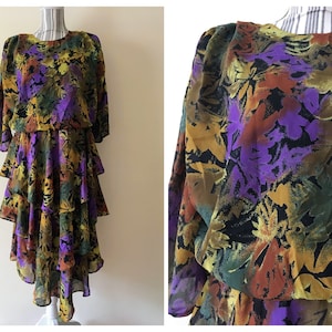 Vestido vintage de los años 80 con hojas de otoño, vestido floral transparente, vestido midi fluido con falda en capas, vestido asimétrico con estampado abstracto, atuendo de otoño imagen 2