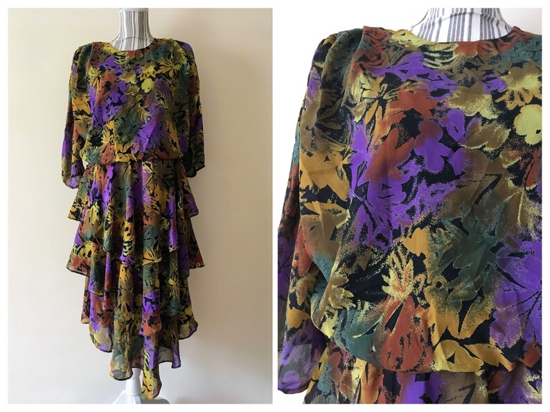 Vestido vintage de los años 80 con hojas de otoño, vestido floral transparente, vestido midi fluido con falda en capas, vestido asimétrico con estampado abstracto, atuendo de otoño imagen 2