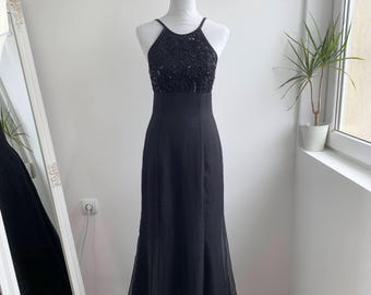 Vestido de fiesta vintage De-Laru de Linda Bernell, años 90, de tul con cuello halter, talla XS, vestido formal negro con top de encaje con cuentas y lentejuelas, vestido largo para invitada de boda.