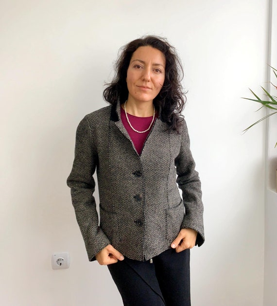 Grey Wool Sweater Blazer for Women Size S, Vintage Tweed Cropped Coat With Pockets, Warm Wool Blazer Jacket, Fitted Tailored Sports Coat