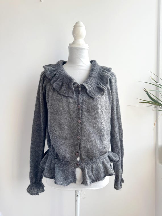 Vintage Grey Ruffle Mohair Cardigan Size L, Romantic Cottagecore Knit Sweater with Statement Collar, Victorian Style Soft Wool Peplum Top