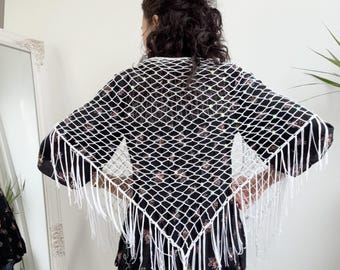 90s Sequin Beaded White Lace Shawl With Tassels, Art Deco Embellished Evening Scarf, Openweave Fishnet Fringed Wrap, Mesh Crochet Cover Up