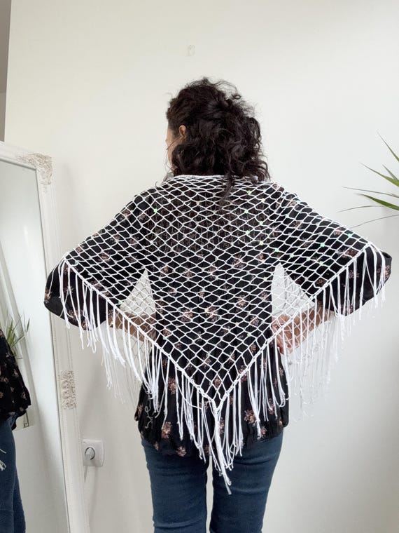 90s Sequin Beaded White Lace Shawl With Tassels, Art Deco Embellished Evening Scarf, Openweave Fishnet Fringed Wrap, Mesh Crochet Cover Up